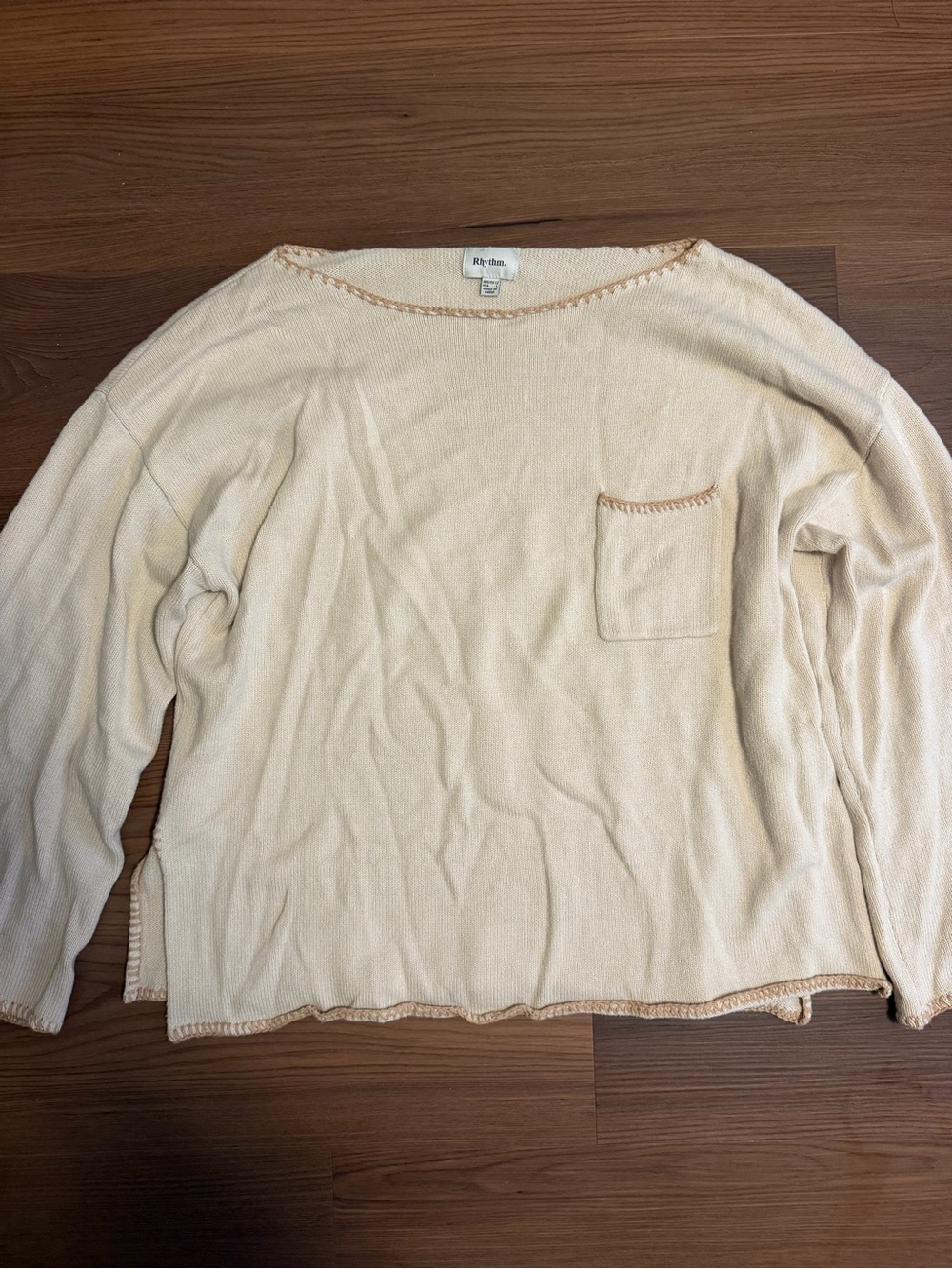 Rhythm Cream Boatneck Lightweight Pocket Sweater with Tan Trim